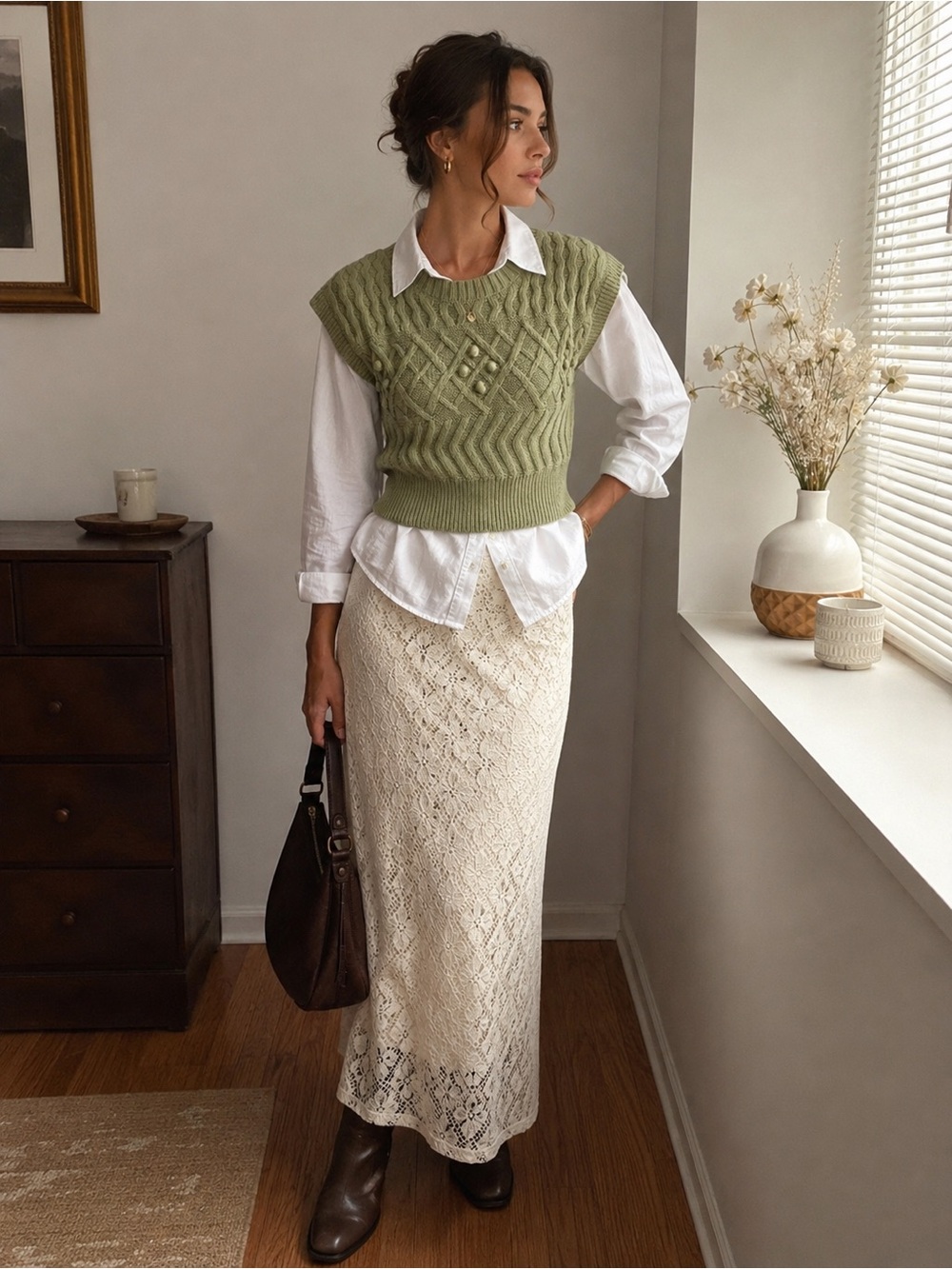 Pure Cream Crochet Maxi Skirt with Olive Knit Vest Styling